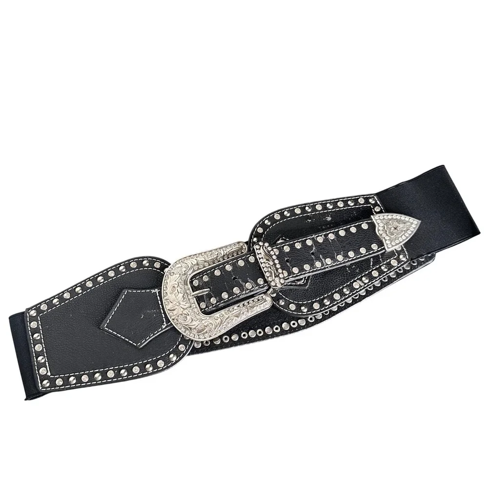 Ariat Womens Western Cinch Belt Black Studded Horseshoe Rhinestone XL Rare